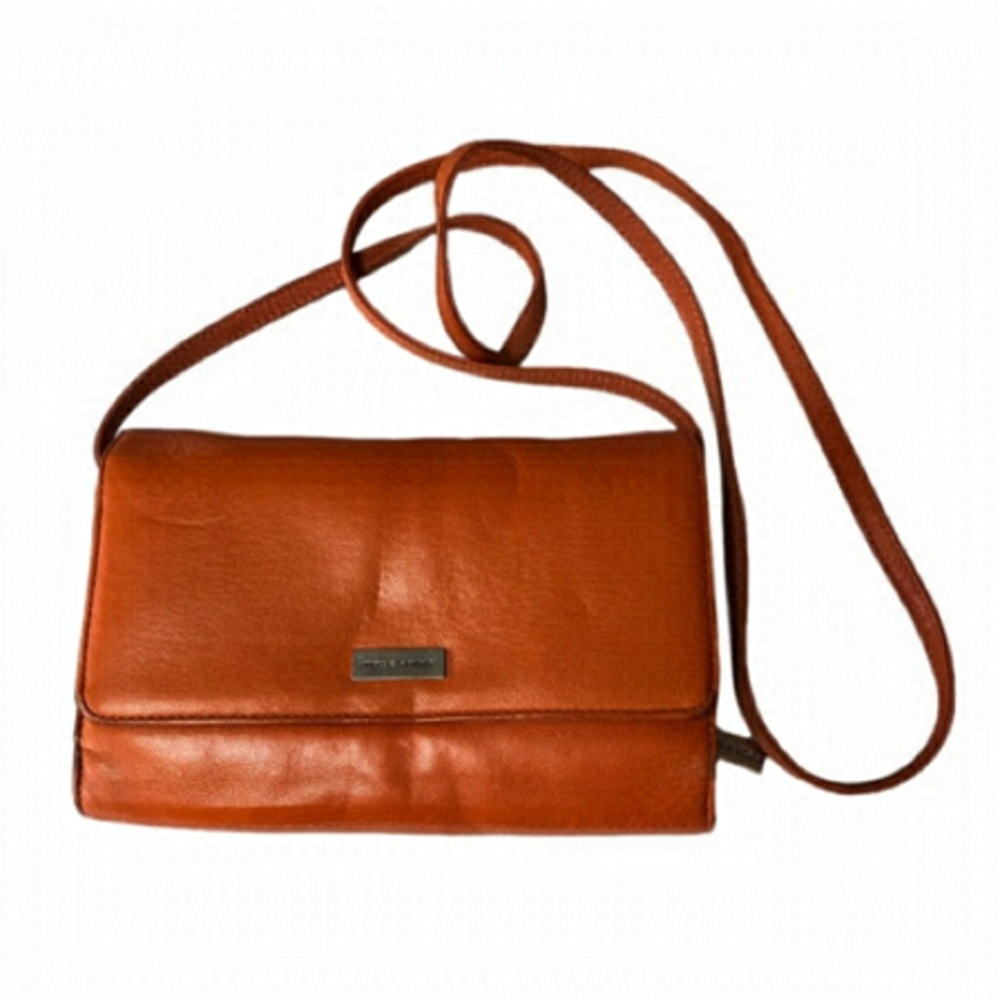 Pelle Studio Leather Burnt Orange Tri Fold Crossbody Purse Bag